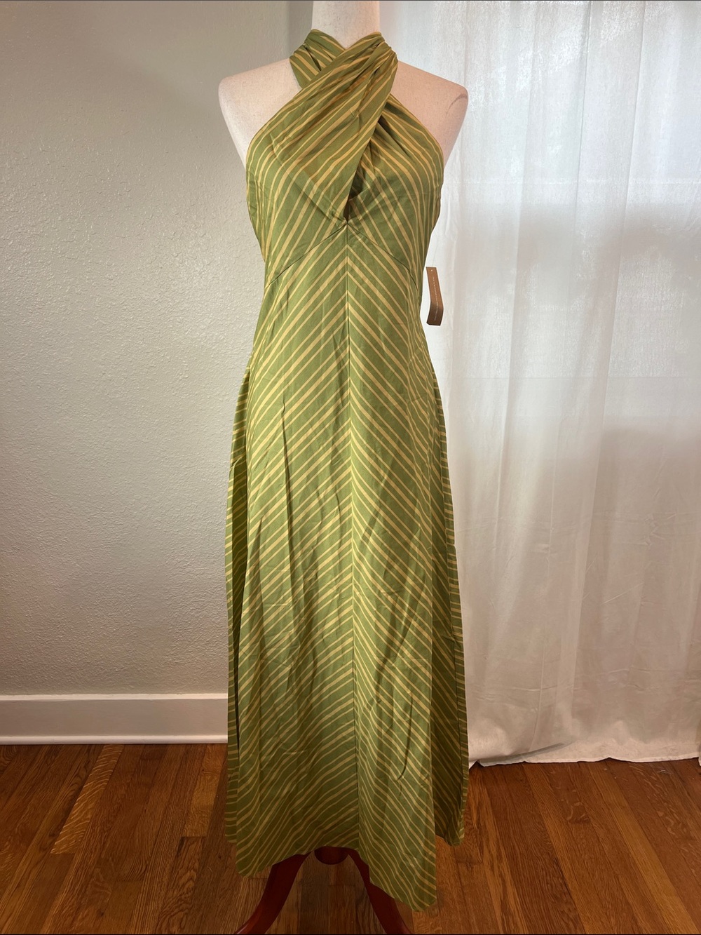 O.p.t. Noelle Green Striped Halter Maxi Dress. Crossover Neckline. Size S. NWT